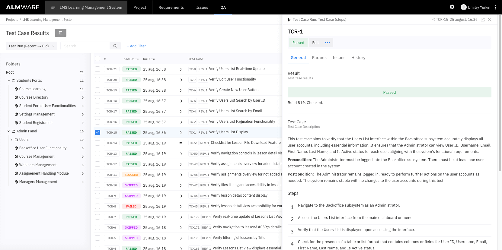 Runs log and results